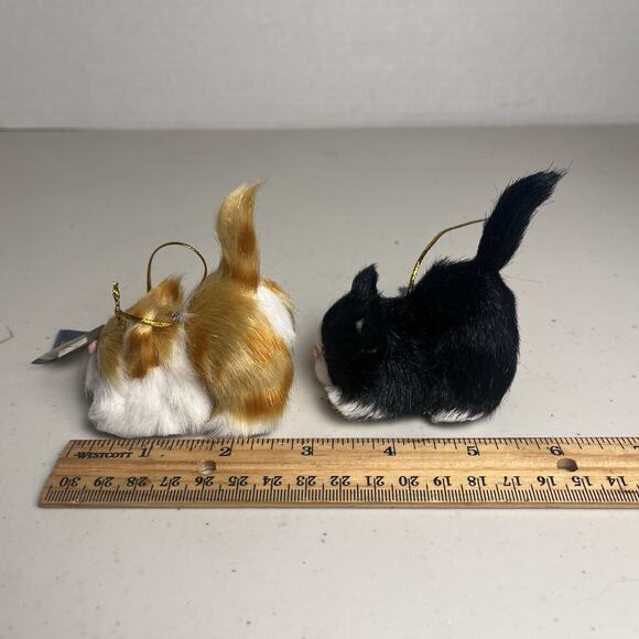 Cat Kitten Faux Fur Christmas Ornament Miniature Mini Glass Eyes Orange Black - Picture 12 of 15
